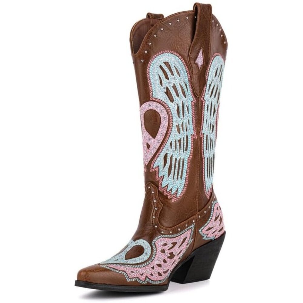 ⚡Women's Brown Western Cowgirl Boot Embroidery Angel Wings Mid Calf Pointed Toe